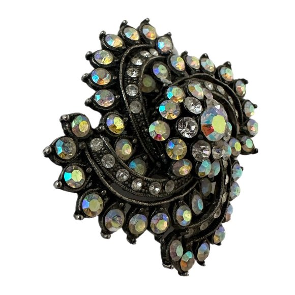 Aurora Borealis AB Rhinestone Swirl Pin Brooch Pendant 2 x 2 Vintage - Picture 2 of 3